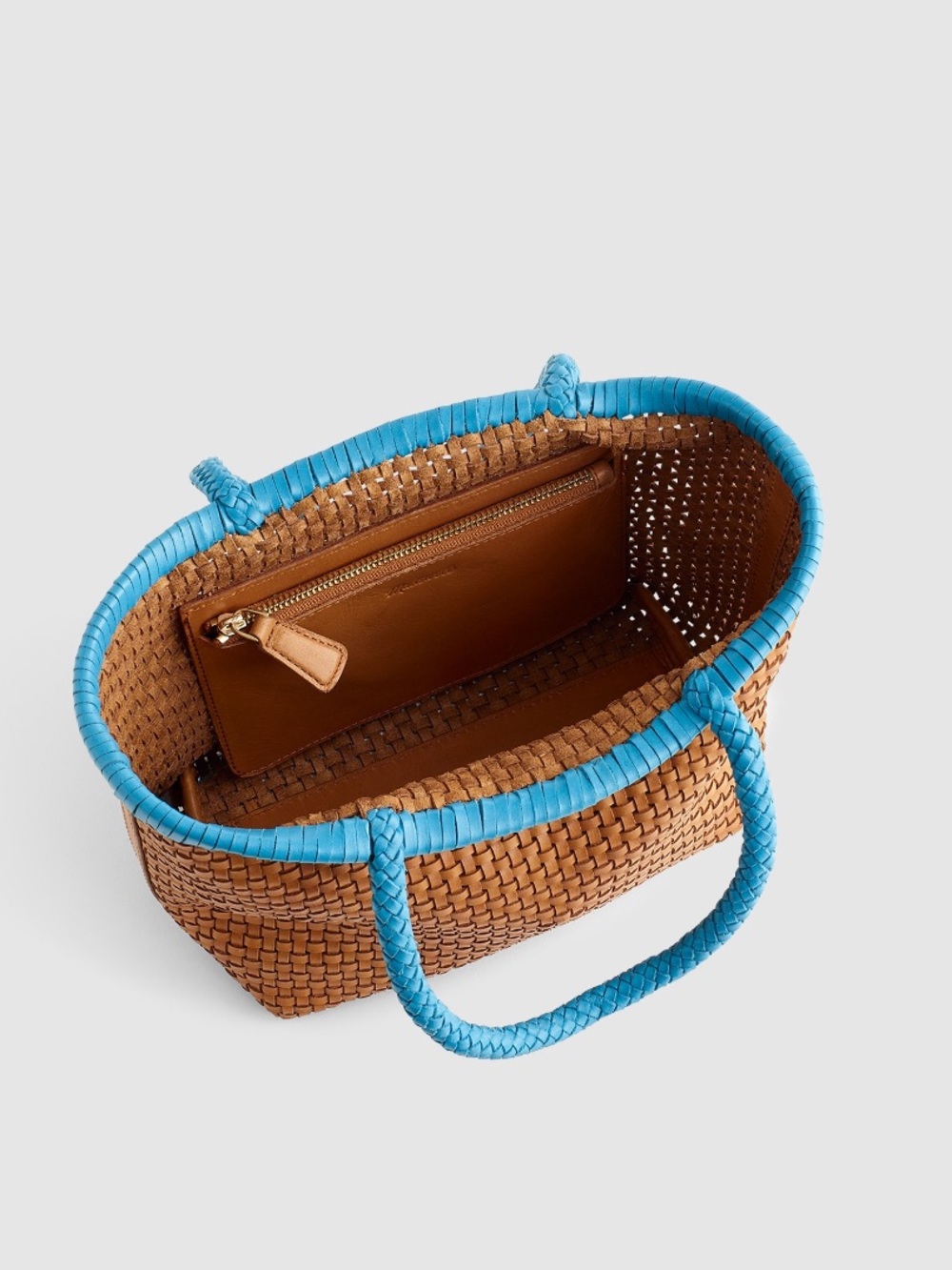 Madewell Signature Woven Mini Tote in Golden Tan with Tropical Blue Trim - Picture 3 of 7